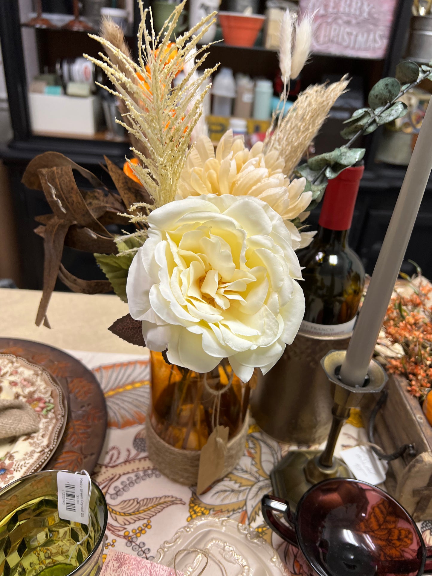 Orange Glass Vase with Fall Florals