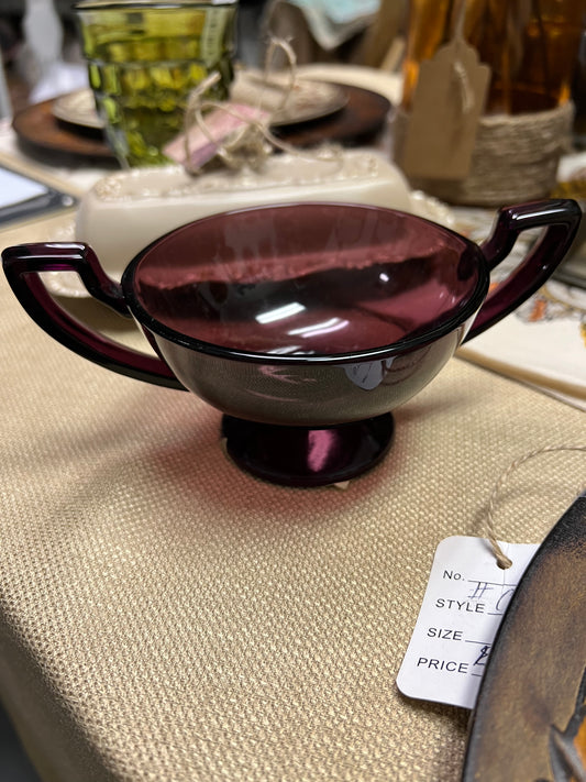 Small Plum Colored Glass Bowl with side handles