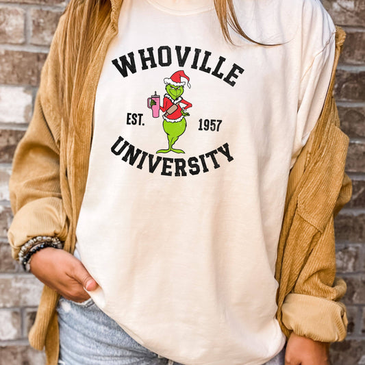 Whoville University Grinch Christmas Tee- Ivory