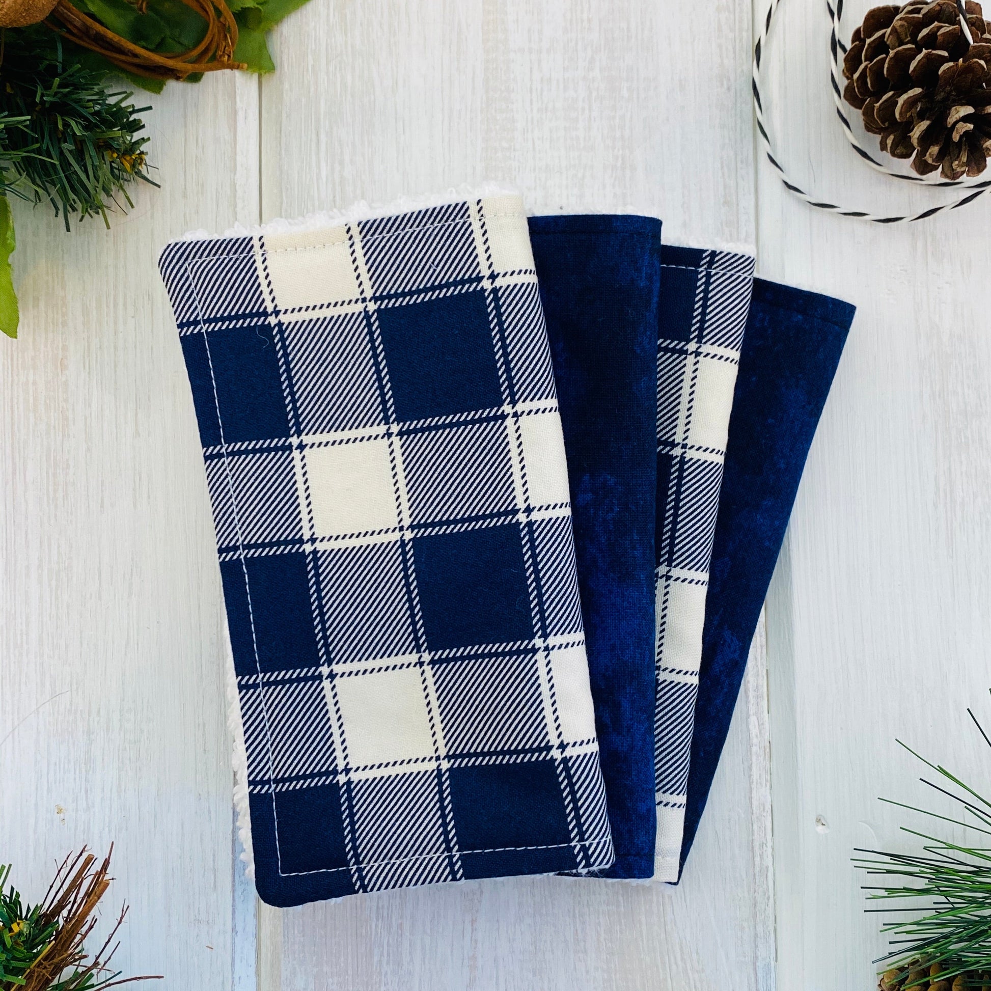 navy check and solid navy washing cloths, reusable baby wipes