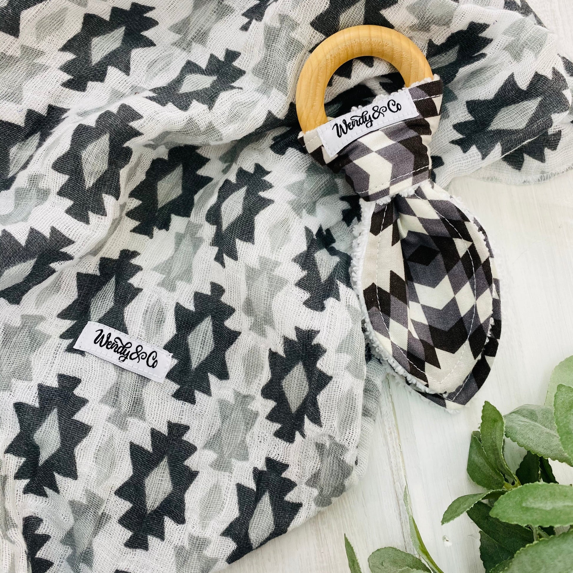 Muslin baby blanket in southwest gray and black fabric