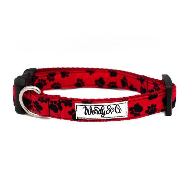 Medium Dog Collar - Red & Black Paws